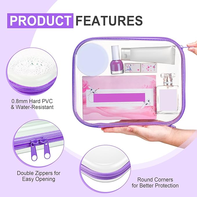 Sanwuta 6 Pcs Clear Hard Zipper Case Pencil Pouches Hard Plastic Zipper Pouches Makeup Bag Transparent Cases for Snacks Plastic Storage Organizer Box for Travel(Purple,9.84 x 7.87 x 2 Inch)