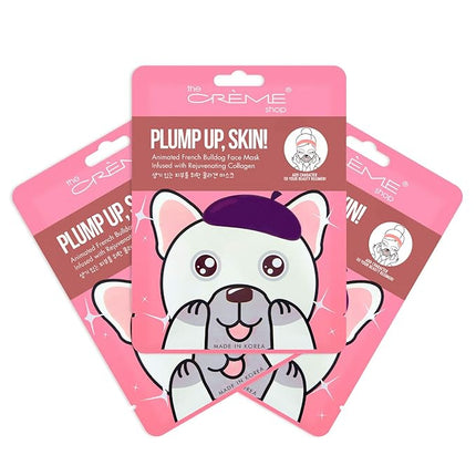The Crème Shop Plump Up, Skin! Animated Face Mask - Korean Collagen Face Mask to Improve Fine Lines and Wrinkles for a Firm, Vibrant Complexion (Bulldog/Set of 3)