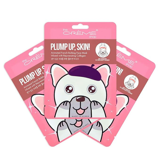 The Crème Shop Plump Up, Skin! Animated Face Mask - Korean Collagen Face Mask to Improve Fine Lines and Wrinkles for a Firm, Vibrant Complexion (Bulldog/Set of 3)