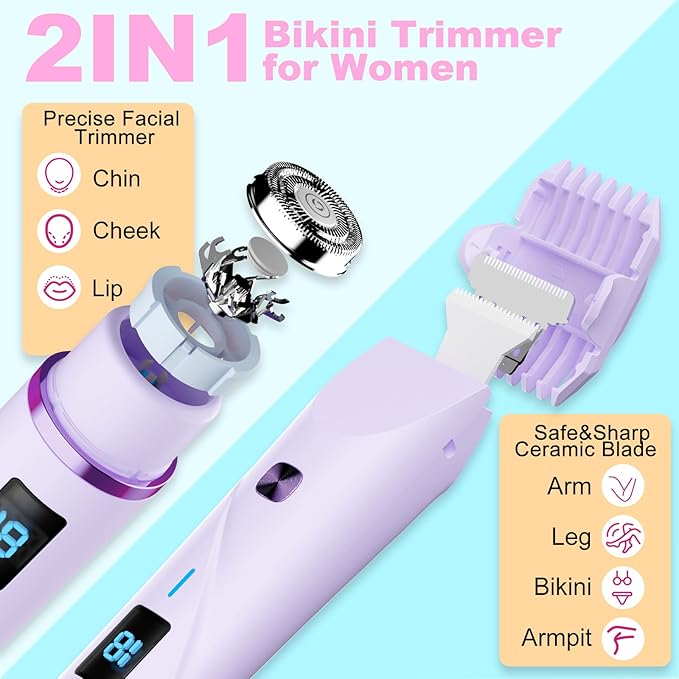 Bikini Trimmer for Women, 2 in 1 Electric Razors for Women Pubic Hair, IPX7 Waterproof Dual Head Bikini Shaver with LED Display, Rechargeable Electric Trimmer (Purple)