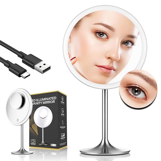 Miusco Makeup Mirror 9" Vanity Mirror with Lights, 5X & 10X Magnification - Front/Back Magnetic Design, Rechargeable & Cordless, Touch Dimming, 90° Adjustable Angle, Metal Frame, Includes USB Cable