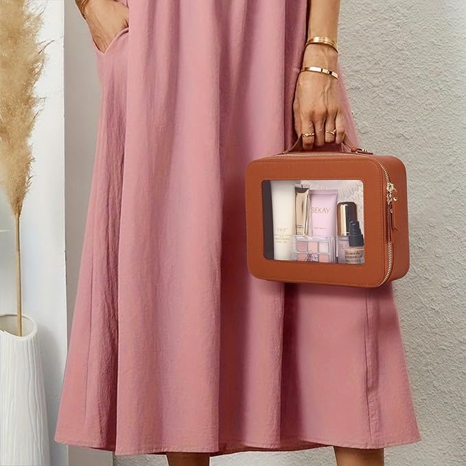 Pinkmik Clear Makeup Bag Waterproof Travel Case for Cosmetics and Toiletries Women's Makeup Organizer and Car Bag with Zipper (X/Brown, L)