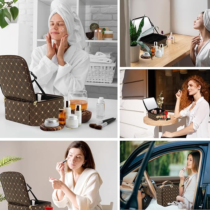 Travel Makeup Bag With 360° rotating LED Mirror,Waterproof cosmetic organizer,Portability Cosmetic case,Makeup organizer,Gift for Women,Girls Gift (Brown)