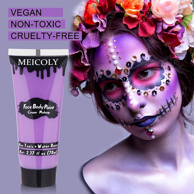 MEICOLY Cream Light Purple Face Body Paint,2.37Oz Large Tube Water Based Full Body Paint for Adults and Kids,Lavender Violet Face Paint for Halloween Stage SFX Special Effects Ursula Cosplay Makeup