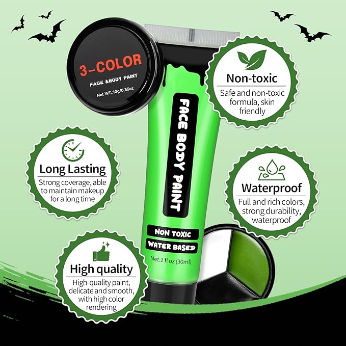 AIUEO 7PCS Green Face Paint with Fake Nose White Black Face Body Paint, Halloween Makeup Kit for Witch Monster Hulk SFX Makeup Cosplay Party