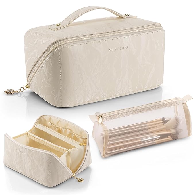 Vlando Makeup Bag,Large Capacity Toiletry Bag for Women Waterproof Portable Make up Pouch PU Leather Open Flat Cosmetic Bag(Cream White)