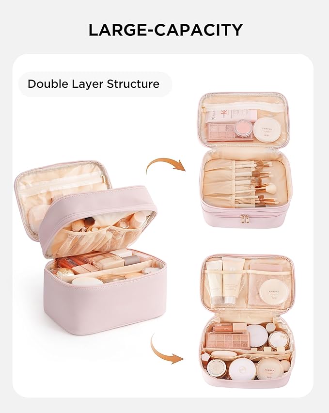 Makeup Bag for Women X-Large Travel Makeup Bag Organizer Portable Toiletry Bag Cute Makeup Bags Waterproof Leather Cosmetic Bag Makeup Case with Removable Dividers, Pink