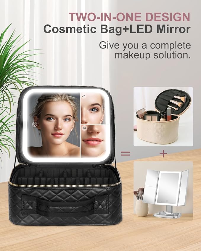 Makeup Bag with LED Mirror, Makeup Organizer Train Case with 1X,2X,3X Vanity Mirror, Adjustable Brightness in 3 Color Settings, Portable Make up Bag with Brush Holder & Storage Dividers, Black