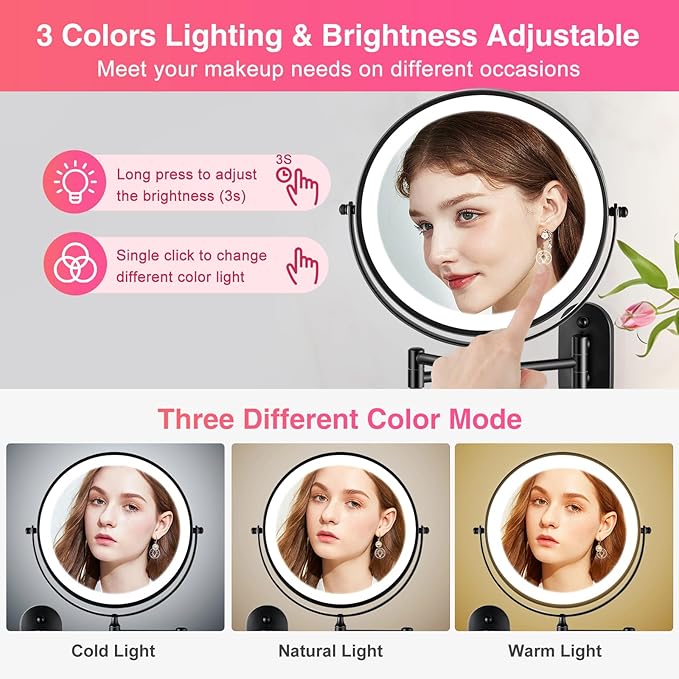 Magnifying Mirror with Lights 1x/15x Rechargeable: 8.5 inch Wall Mounted Lighted Makeup Mirror for Bathroom