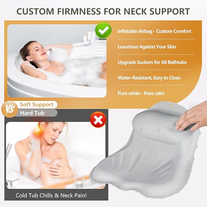 Inflatable Bath Pillow for Tub - Adjustable Firmness Silicone Bathtub Pillow for Epsom Salt Soaking & Spa Neck-Relaxing, Head & Back Reclining Support Cushion, Xmas Gift for Couples, Parent, Friends