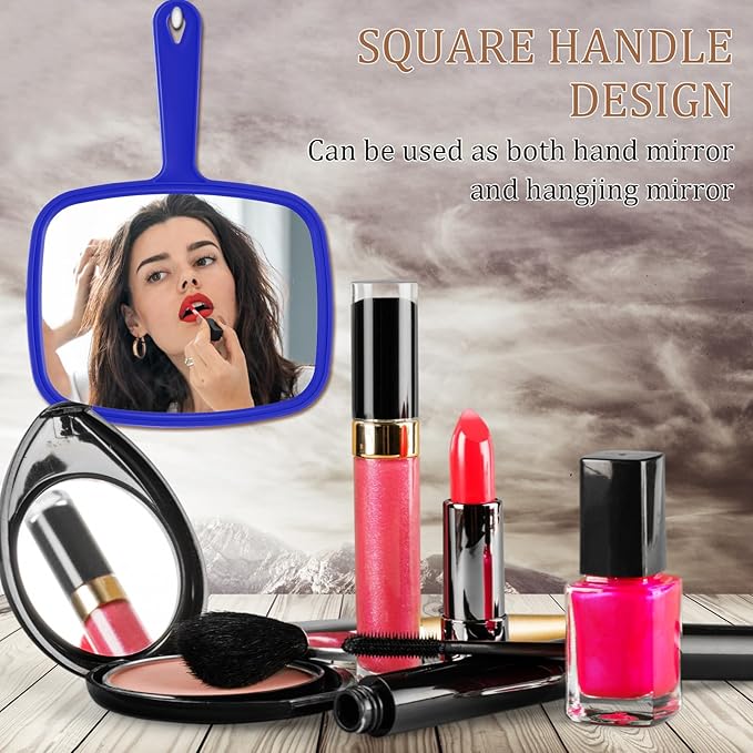 Geetery 12 Pcs Hand Held Mirrors with Handles Hand Makeup Mirrors Bulk Wall Mount for Women Cosmetic Bathroom Home Barber Salon Travel Portable Beauty School Gift, 6.69 x 9.45 Inch (Blue)