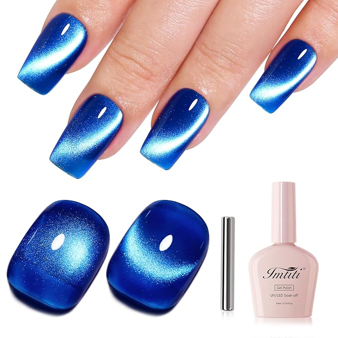 Imtiti Navy Cat Eye Gel Nail Polish with Magnet, Holographic Glitter Shimmer Magnetic UV Gel Polish for Nail Art Soak off UV Led