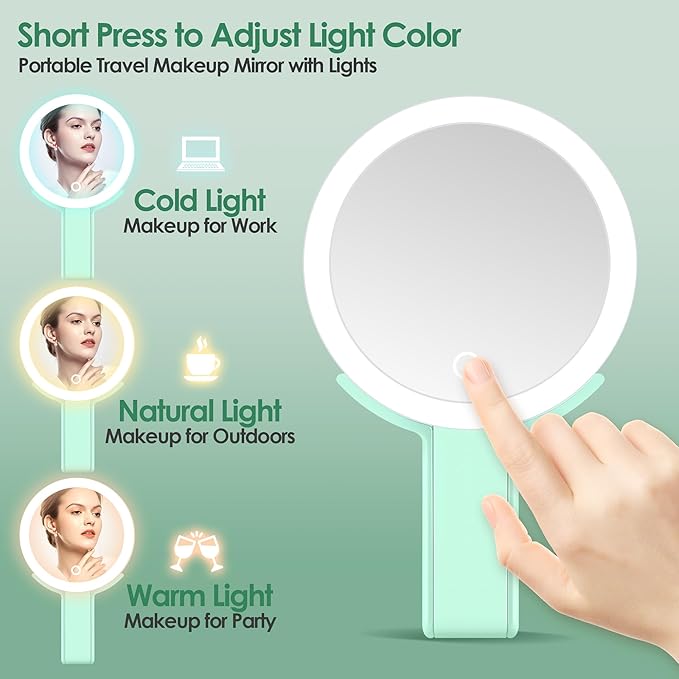 MIYADIVA Magnifying Mirror with Light, Double Sided 30X/1X Lighted Travel Makeup Mirror with Magnification, 3 Color Lighting, Dimmable Touch Screen, Adjustable & Foldable Hand Mirror (Green)