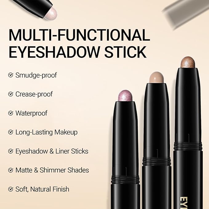 Erinde Waterproof Eyeshadow Stick, Cream Eye Shadow Stick, Long-Lasting, Crease-Proof, Cream to Powder Buildable & Blendable Eye Shadow Pencils Crayon, Vegan & Cruelty-Free, 14 Stone