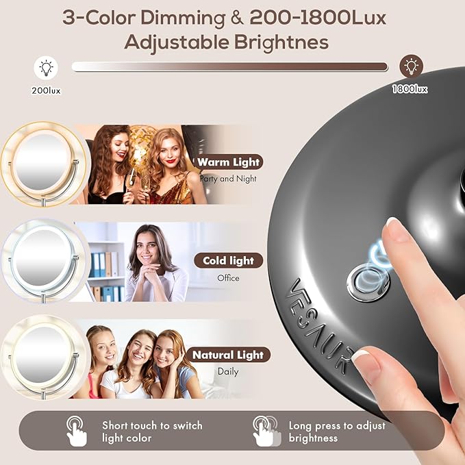 VESAUR 9" 1X15X Lighted Makeup Mirror, 5000mAh Rechargeable 2-Sided Magnifying Mirror with 3 Dimmable Lights, 360° Rotation Vanity Mirror, Tabletop Detachable Travel Mirror, Black Nickel with Gift Box