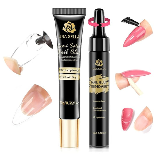UNA GELLA Lamp-Free Semi Solid Nail Glue for Press Ons: 10ml and Soak Off Gel Nail Glue Remover for False Acrylic Nails 12ml, Super Strong G LUE Quick Removal Kit