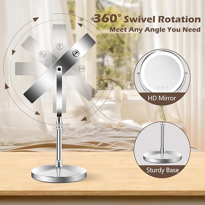 9" Large Lighted Makeup Mirror, 1X/10X Magnifying Makeup Mirror with 3 Colors Dimmable Lightning, 80 LED Lights, 360°Rotation Double Sided Standing Vanity Mirror