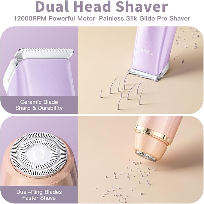 Bikini Trimmer for Women, Electric Razors with Dual Heads, Rechargeable Pubic Hair Trimmer with IPX7 Waterproof, Painless Pro Shaver for Underarm Leg Arm Body Face Private Area（RoyalRose）