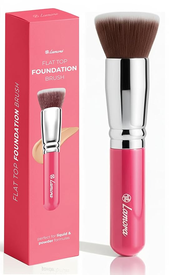 Lamora Makeup Brush Foundation Kabuki - Flat Top Face Brush for Liquid, Cream, and Powder Cosmetics - Full Coverage Blending, Buffing, Stippling, Contouring