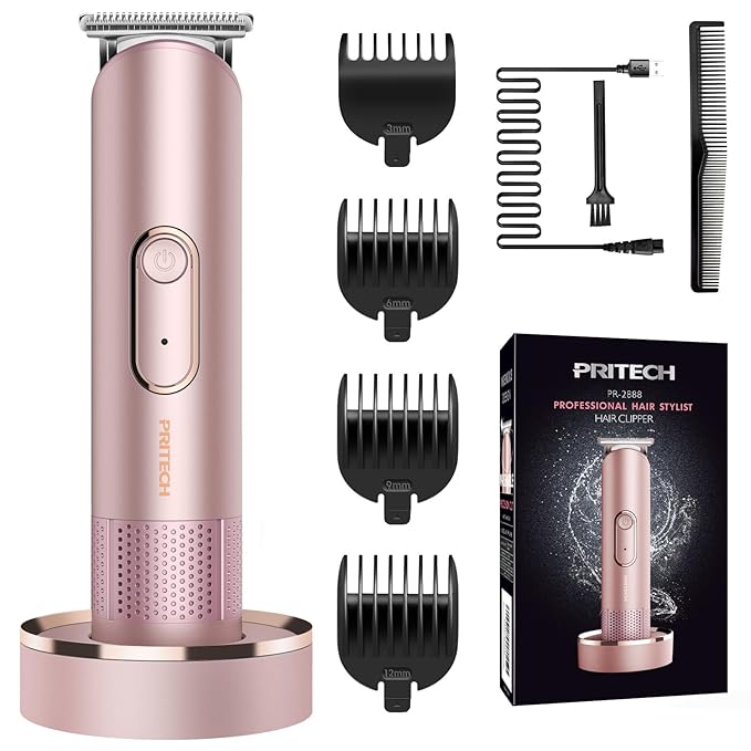PRITECH Bikini Trimmer for Women - Rechargeable Pubic Hair Trimmer for Sensitive Skin, Wet & Dry Use, Pain-Free Electric Razor&Shaver with Standing Recharge Dock, Ideal Gift for Women, Rose Gold