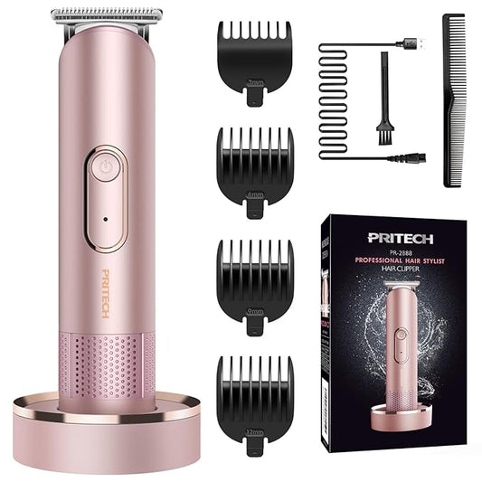 PRITECH Bikini Trimmer for Women - Rechargeable Pubic Hair Trimmer for Sensitive Skin, Wet & Dry Use, Pain-Free Electric Razor&Shaver with Standing Recharge Dock, Ideal Gift for Women, Rose Gold