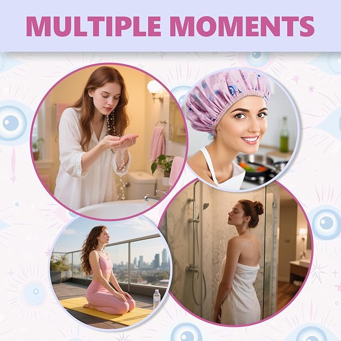 Years Calm Evil Eye Shower Caps for Women Reusable Waterproof, Pattern and Solid Color Dual-Layer Design, Hair Cap for Shower with Elastic Band, Fits Braids, Dreadlocks & Long Hair (Pink)