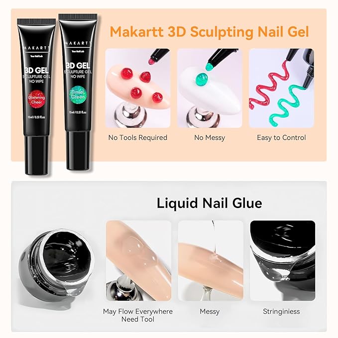 Makartt 3D Sculpting Gel for Nail Art Kit: 3D Nail Gel for Nail Art, 15ml No Wipe Polish for Molding Drawing, Embossed Gels for Nail DIY Manicure - Glistening Cheer & Tinsel Green (2PCS)