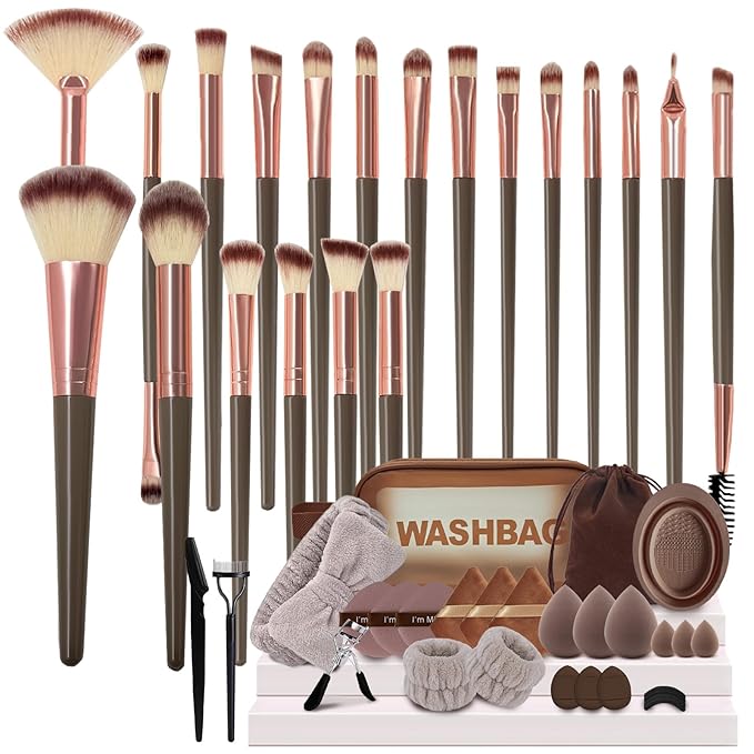 Makeup Brush Set, 48Pcs Makeup Tool Set Premium Synthetic Foundation Concealers Powder Eye Shadows Makeup Brushes Kit for for Beginner Professional, Brown