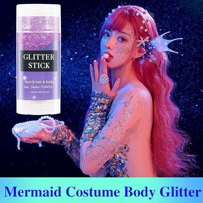MEICOLY Purple Face Body Glitter Stick,Mardi Gras Outfit for Women,Mardi Gras Accessories,Waterproof Chunky Glitter Makeup for Face/Body/Hair/Eyes,Mermaid Glitter Face Paint,Body Glitter for Women