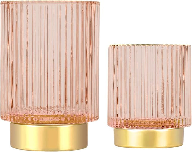 DASITON Makeup Brush holder Organizer,Crystal Cosmetic Makeup Brush Glass Brushes Storage Holder, Vintage Make Up Brush Cup Pen Pencil Holder striped vase(Pink S+L)