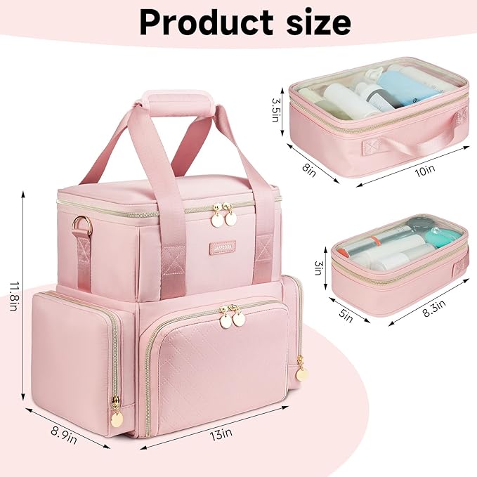 Extra Large Makeup Bag,4 in 1 Cosmetic Storage Organizer Travel Case with Detachable Pouches and Dividers,Pink