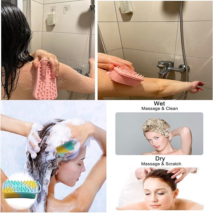 2Pack Dual Sided Silicone Body Scrubber for Exfoliating, Shower and Scalp Massage, 2 in 1 Bath & Shampoo Brush,Soft Exfoliating Body Shower Scrubber Brush (Pink&Blue)