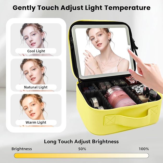 Travel Makeup Bag with LED Mirror and Light Travel Makeup Case Cosmetic Organizer Portable Cosmetic Brush Organizer Bag with Adjustable Dividers for Cosmetics Makeup Brushes Toiletry (Yellow)