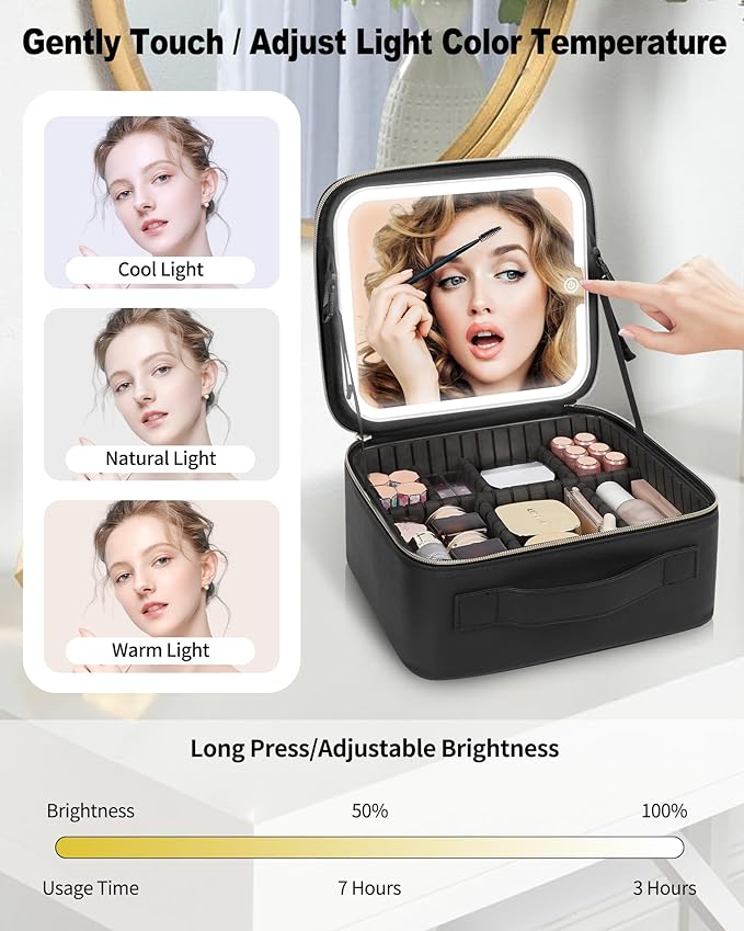 Makeup Bag With LED Mirror, Travel Makeup Case with Light up Mirror Large Cosmetic Case with 3 Color Lighted Portable Organizer Bag with Adjustable Dividers（Black）