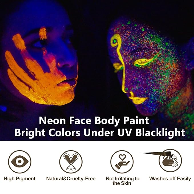 Go Ho UV Blacklight Neon White Face Body Paint,Water Based Bright Color Neon Fluorescent Body Paint with Cushion Applicator,Glow In The Dark Under UV Lighting Party Halloween Makeup Washable