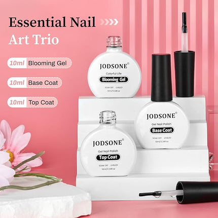 JODSONE 3pcs 10ml Base Top Coat Blooming Gel Set No Wipe for Gradient and Watercolor Nail Art Blooming Gel Creates Spreading Effects Requires U V Lamp Curing