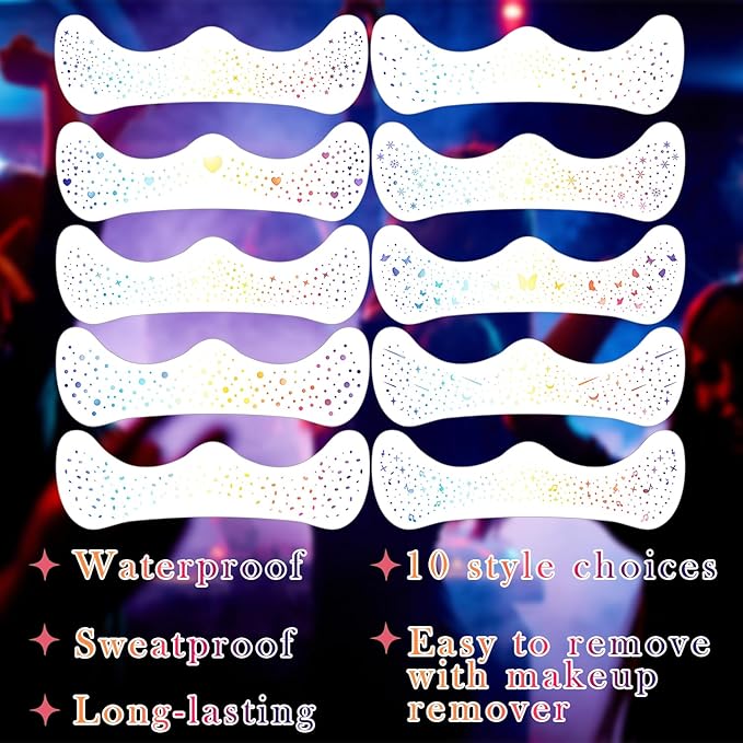 10 Pcs Holographic Multicolor Glitter Freckles, Glow Up Laser Silver Glitter Freckles Face Tattoo, Waterproof Face Sparkle Freckles, Long-lasting 48h Temporary Tattoos for Women