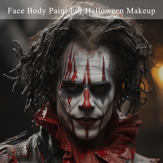MEICOLY Black White Red Face Body Paint Stick with Setting Powder and Sponges,Clown White Devil Joker Face Paint Makeup,Waterbased Body Paint,Halloween Face Painting for Vampire Skeleton Spiderman