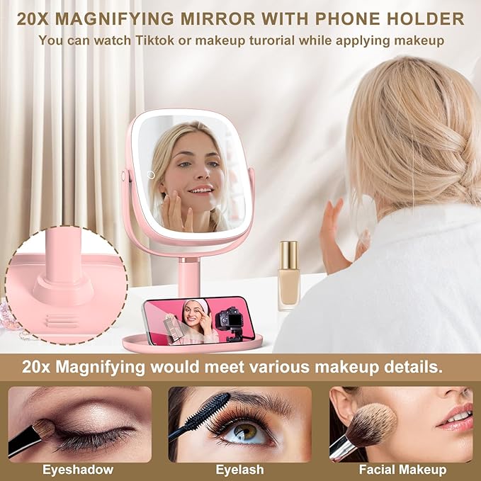 Mocado Makeup Mirror with Lights, 1X/20X Magnifying Mirror with Light, Vanity Mirror with 3 Colors Lights, Height Adjustable Lighted Makeup Mirror, Double Sided 360°Rotation, Memory Function (Pink)