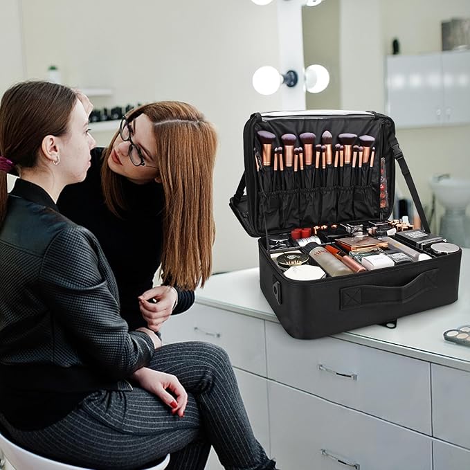 Relavel Extra Large Makeup Case with Plastic Dividers Washable and Easy to Clean, Travel Makeup Train Case Professional Makeup Artist Bag Portable Nail Organizer Box Art Supply Case (Black)