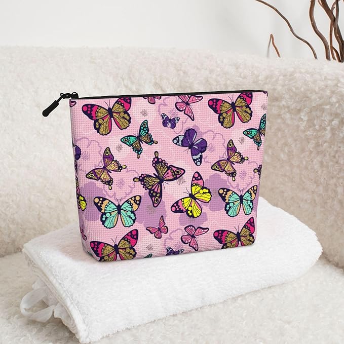 MOLAIGIN Pink Butterfly Butterflies Cosmetic Bag For Women, Travel Makeup Bag, Toiletry Zipper Bag, Large Capacity Aesthetic Cases