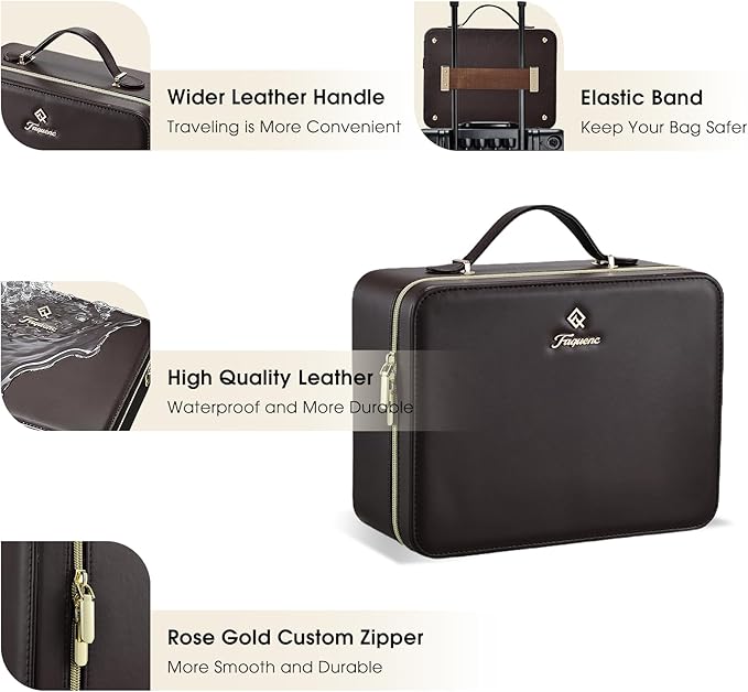 Leather Makeup Case with LED Lighted Mirror 11.4 Inch Travel Makeup Bag Adjustable Brightness in 3 Colors Cosmetic Organizer Artist Storage Bag with Dividers Brush Holder Bag Vanity Dark Brown