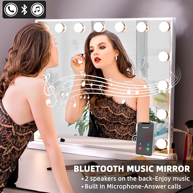 Hansong Vanity Mirror with Lights and Speaker22.8''x18.4'' Hollywood Makeup Mirror with 15 LED Bulbs Lighted Vanity Nakeup Mirror 3 Lighting Modes 10X Magnification White