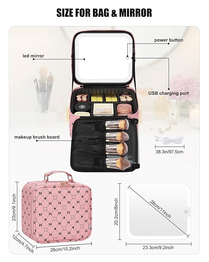 Relavel Travel Makeup Bag With LED Mirror, Compact Cosmetic Organizer Storage with Brush Compartment, 3 Colors in Adjustable Brightness, Adjustable Dividers, Make Up Train Case - Pink Bowknot