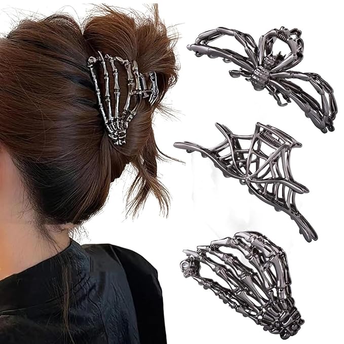 3Pcs Halloween Spider Hand Skeleton Spider Web Hair Claw Clips For Women And Girls,Black Gun Metal Large Medium Size For Thick Thin Hair,Barrette Headband Hair Styling Accessories Gifts
