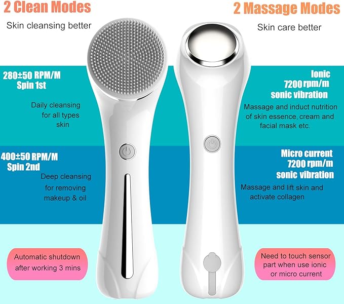 Facial Cleansing Brush, 2 in 1 Ｗaterproof IPx7 Facial Spin Scrubber Set with 4 Brush Heads, Rechargeable Exfoliating Face Brush Deep Cleansing, Gently Exfoliate and Remove Blackhead