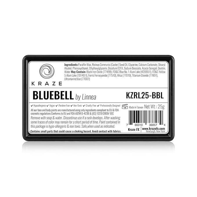 Kraze FX Dome Stroke - Bluebell by Linnea (25 gm), Professional 1-Stroke Split Cake, Hypoallergenic, Non-Toxic, Water Activated Face & Body Painting Makeup Supplies for Kids Safe Adults