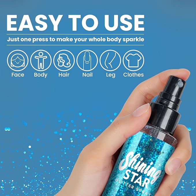 Body Glitter Spray & Glitter Hairspray - Ultra Shiny, Long - Lasting, Quick - Dry & Waterproof. Clog - Resistant Nozzle. Perfect for Parties, Dances and All Glamourous Occasions Bule