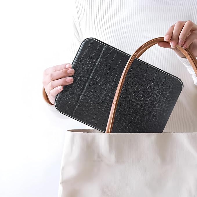 Black Foldable Desk Mirror, 5.3×6.9” Adjustable Angle Rounded Rectangle PU Edge Covering Travel Mirror with Stand (MBlack)