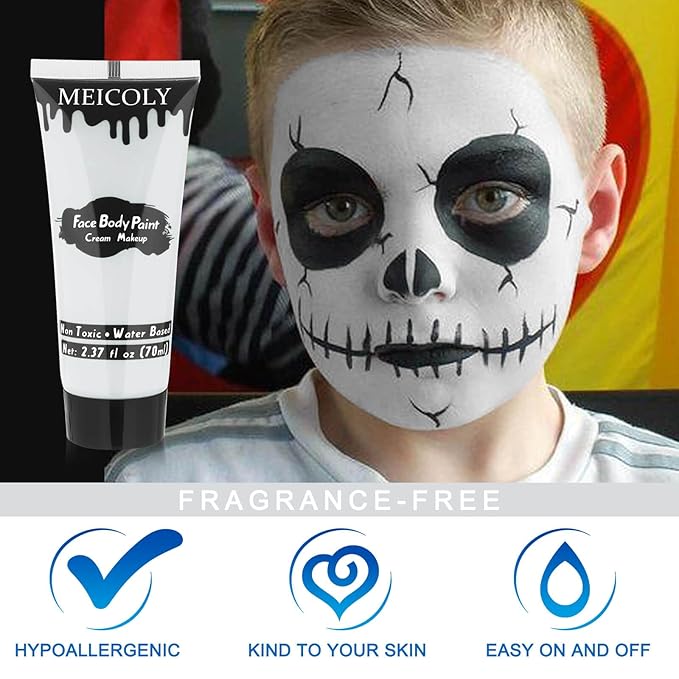 MEICOLY Cream Moonlight White Face Body Paint,2.37Oz Large Tube Water Based Full Body Paint for Adults and Kids,Professional Face Paint for Halloween Stage SFX Special Effects Cosplay Makeup